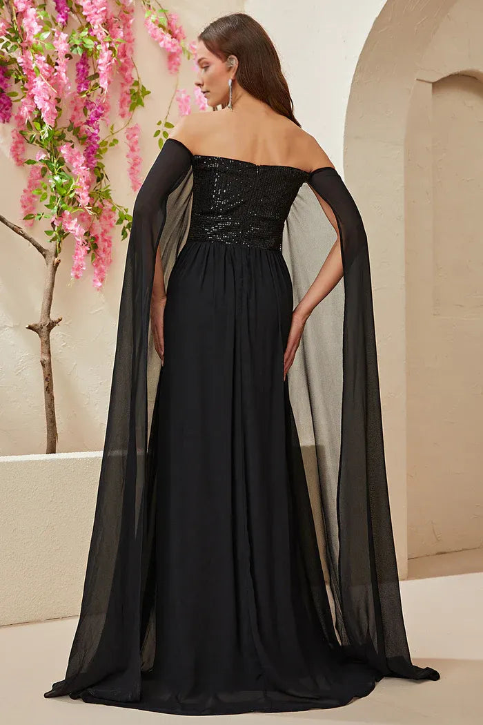 Weitese Dress Black A-line Off The Shoulder Chiffon Party Dress Maxi Dress Sleeveless With Sequins Prom Dress